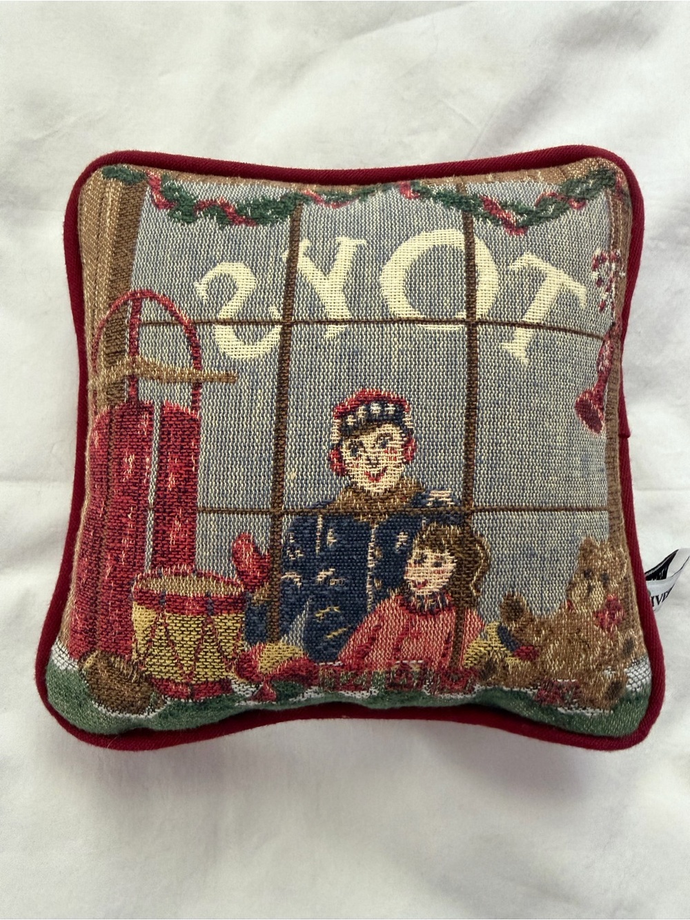 Holiday Tapestry Pillow with Red Trim - Festive Window Scene